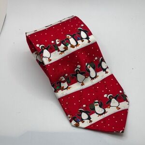 Hallmark Yule Tie Greetings Penguin Christmas Holiday Necktie All Silk